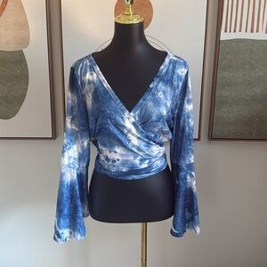 3/$10 Blue and White Wrap Blouse with 3/4 Bell Sleeves